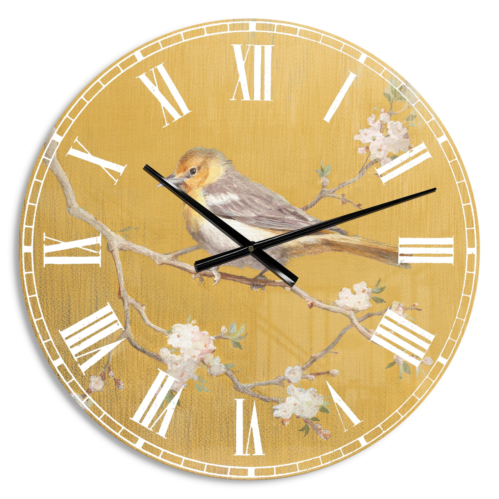 Designart 'Gold Bird On Blossoms I Traditional Wall Clock
